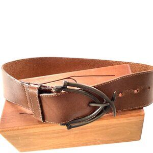 Handcrafted Brown Leather Belt With Unique Crossed Metal Hook Buckle Size 30